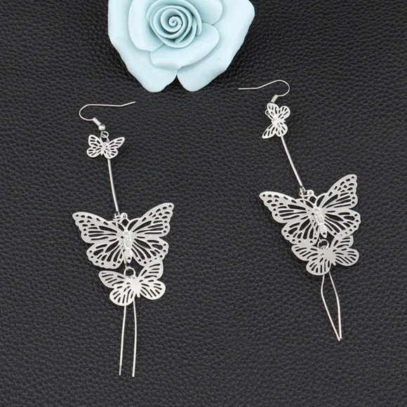 Dazzling Double Butterfly Dangling Earrings, Gold/Silver Butterfly Earrings - Picture 5 of 6